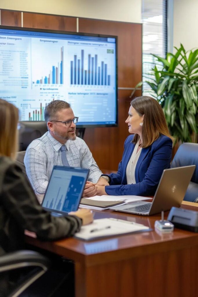 a polished office interior depicts a professional insurance agent engaged in a detailed consultation with a client, showcasing charts and local data on a digital display, emphasizing personalized service and local expertise in tulsa's insurance landscape.