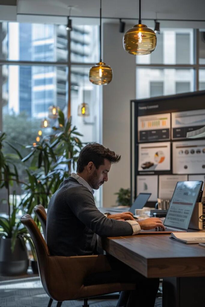 a sleek, modern office space filled with technology, featuring a focused individual using a laptop to file an auto insurance claim, surrounded by digital dashboards displaying claims progress and documentation uploads after a natural disaster.