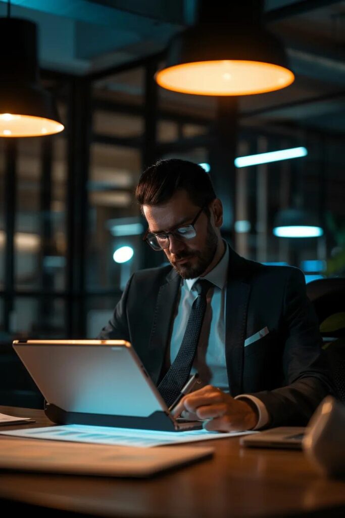 an insurance adjuster sits at a sleek, modern office desk, intently studying a digital tablet displaying detailed damage reports and claim documents, under the bright glow of overhead lights, emphasizing the analytical and negotiation aspects of the auto insurance claim settlement process.
