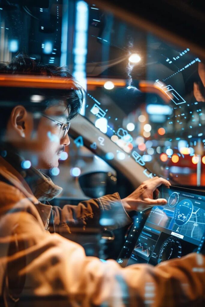 a modern office environment features a confident driver analyzing a digital dashboard on their tablet, showcasing diverse car insurance rates while highlighting key factors like driving history and vehicle type through dynamic graphics on a sleek screen.