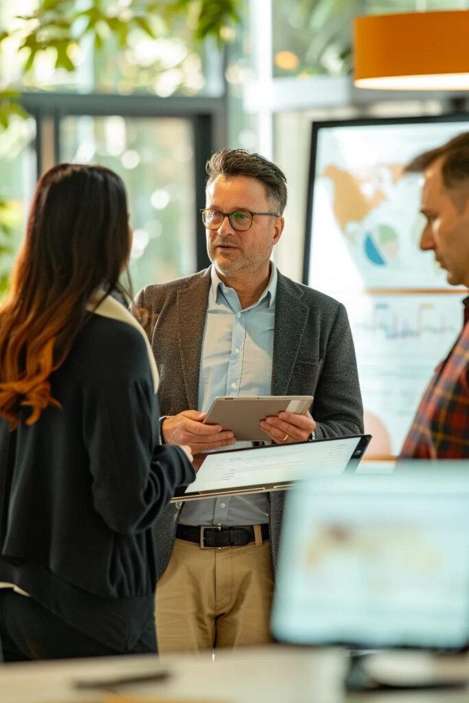 a modern office environment is bustling with activity, featuring a confident driver reviewing a digital auto insurance policy on a sleek tablet, while engaging in a discussion with an insurance expert, backdrop displaying a dynamic infographic on natural disaster coverage.