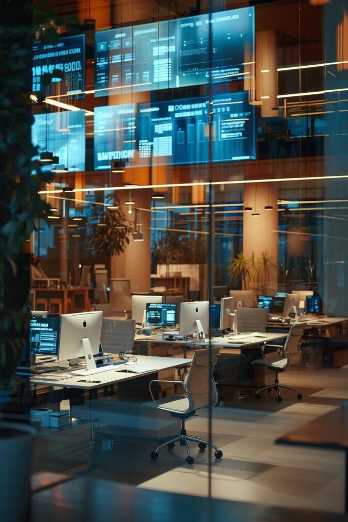 a sleek, modern office adorned with digital screens displaying insurance policy details, where a confident professional explains the synergy between liability and full coverage insurance to an engaged audience.