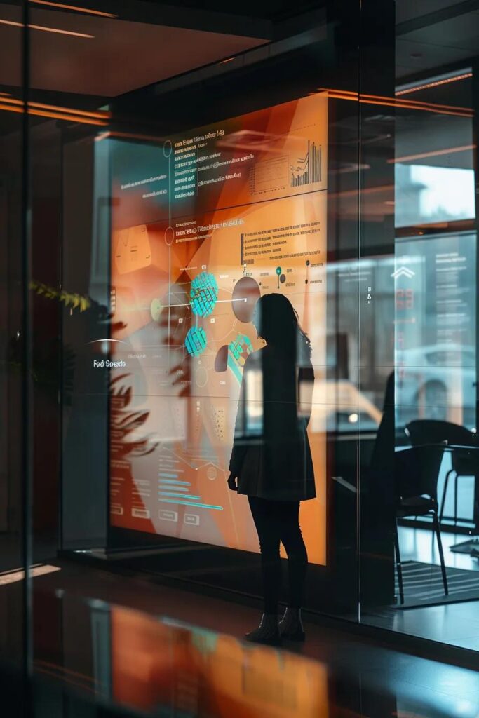 a sleek, modern office environment showcases a confident professional standing next to a large screen displaying a clear infographic explaining full coverage insurance, with bold graphics illustrating key coverage components and benefits illuminated by bright, focused lighting.