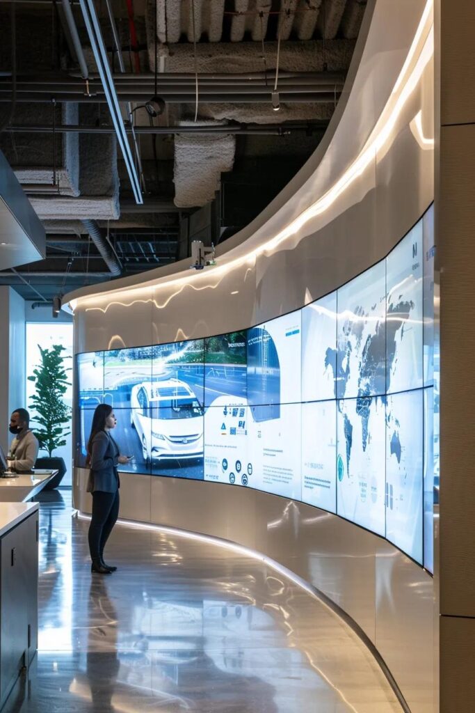 a sleek, modern office space features a large digital display showcasing a dynamic infographic of auto insurance factors, with professionals actively discussing strategies for comparing quotes and reducing costs, illuminated by bright, focused lighting that highlights the collaborative atmosphere.