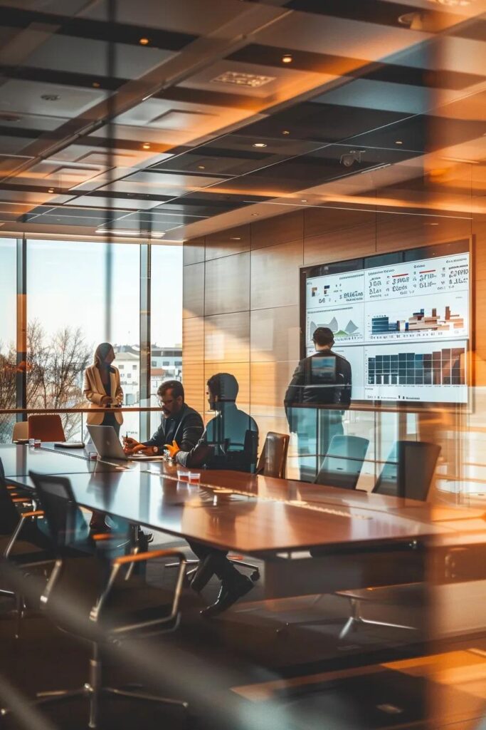 a sleek, modern office space filled with focused professionals gathered around a large conference table, analyzing charts and statistics on a digital screen that displays a comparative overview of car insurance rates for tulsa drivers.