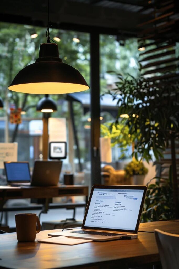 a sleek, modern office workspace features a glowing laptop screen displaying an auto insurance claim form, surrounded by a smartphone showcasing a user-friendly app interface, all illuminated by soft overhead lights that enhance the focus on digital efficiency.