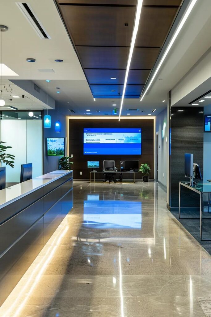 a sleek, modern tulsa office with digital screens displaying driving statistics and insurance rate comparisons, highlighting the impact of clean driving histories on auto insurance premiums.