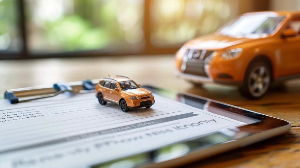 A close-up of an auto insurance policy document or a digital tablet displaying an insurance app, with a car in the background.
