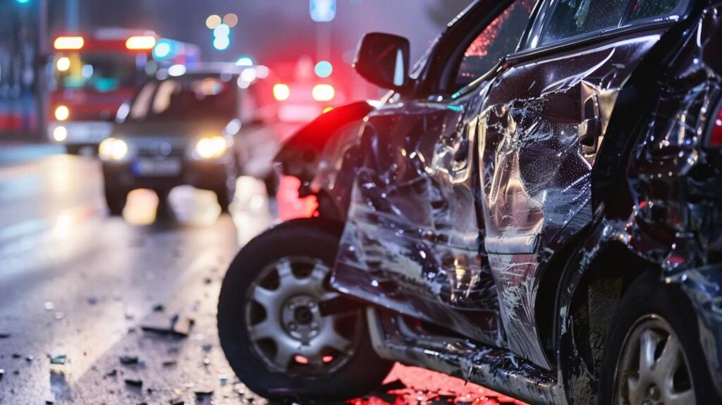 A damaged car at the scene of a minor accident (e.g., a fender-bender) with emergency lights or a tow truck in the background.
