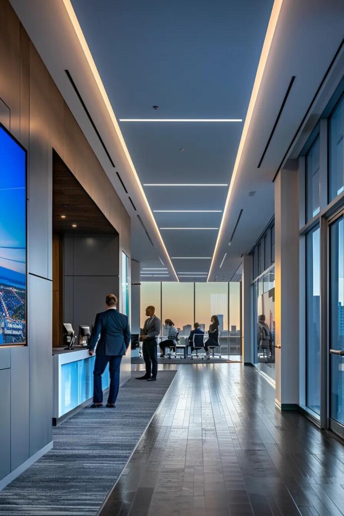 a sleek, modern office filled with engaged professionals discussing auto insurance strategies, illuminated by soft, artificial lighting, showcases a digital display highlighting competitive local pricing tailored to tulsa's unique driving environment.