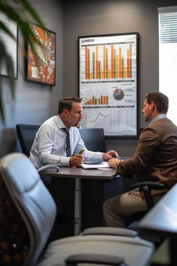 a professional office setting in tulsa features an engaged insurance agent expertly discussing premium calculations and state regulations with a client, with a backdrop of modern decor and informative charts on the wall reflecting oklahoma's insurance laws.
