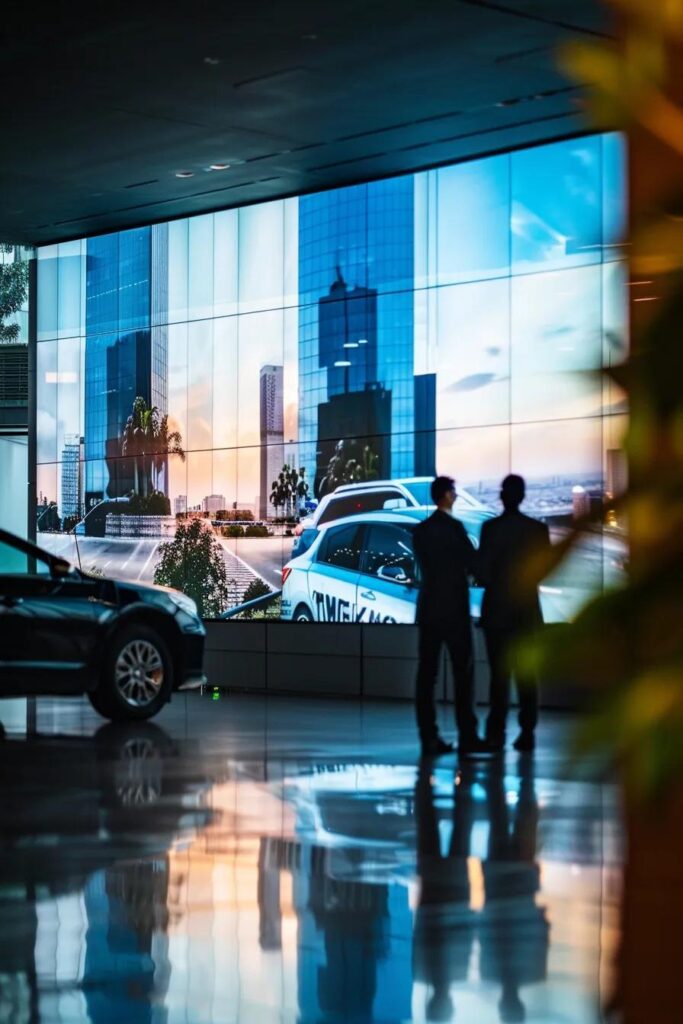 a sleek, modern office environment featuring a large digital display showcasing various car insurance discount options with a diverse group of professionals engaged in a focused discussion, illuminated by dynamic, warm lighting.