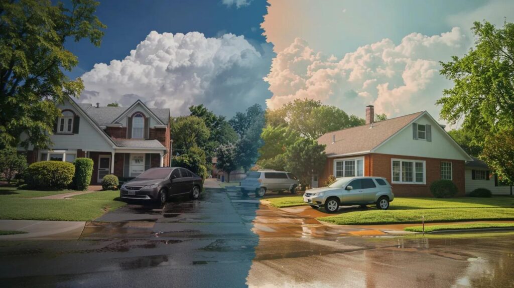 A split-image concept showing a Tulsa home (with a visible Oklahoma landscape, perhaps with storm clouds to hint at weather risks) on one side and a car on a Tulsa street (with a subtle nod to traffic or urban life) on the other. Include a subtle overlay of an insurance policy document or a "savings" badge to tie in the bundling theme. Use colors like green (for Tulsa’s greenery), blue (for trust and insurance), and warm tones (to evoke Oklahoma’s vibe).