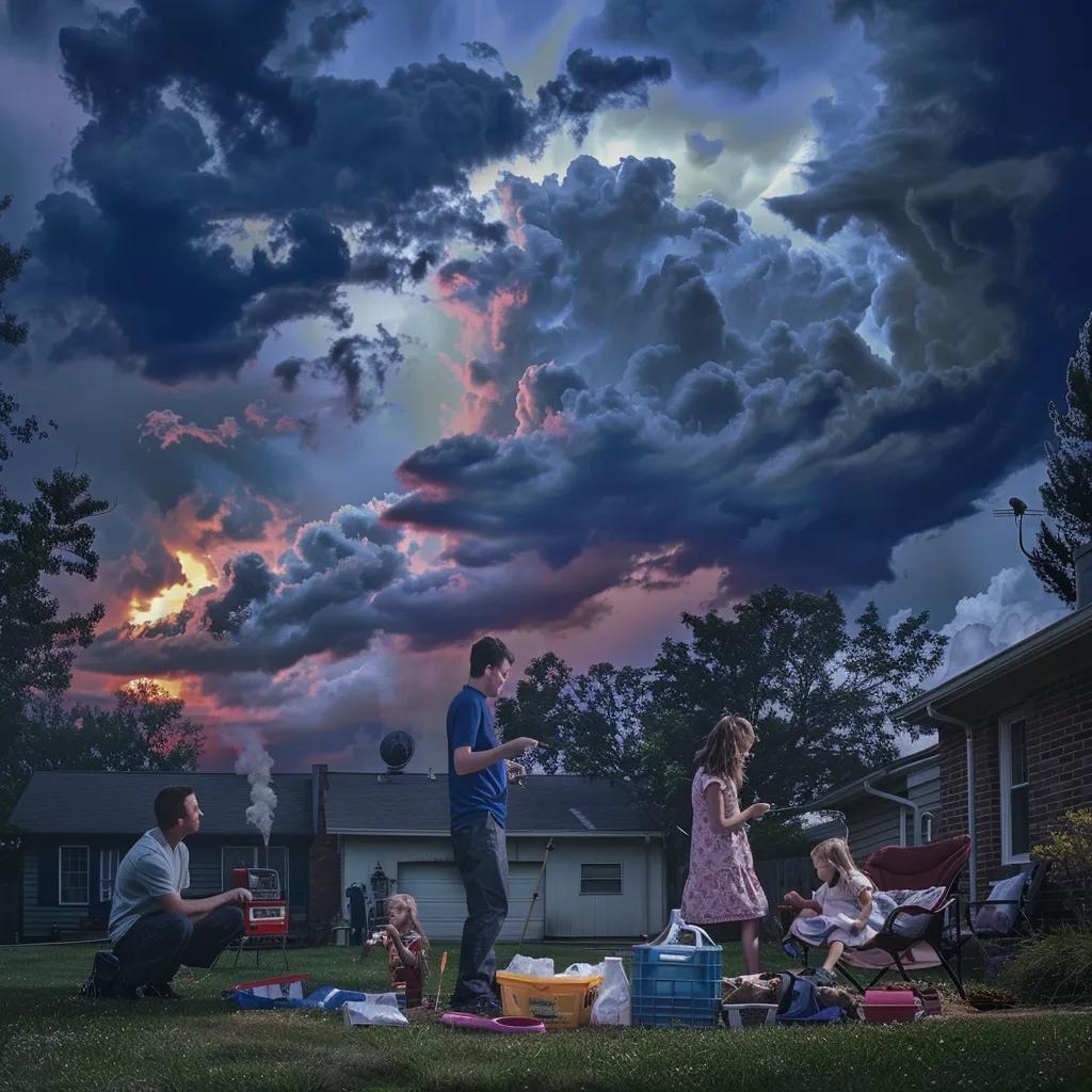 Family preparing for storm season in Tulsa, showcasing emergency supplies and storm clouds