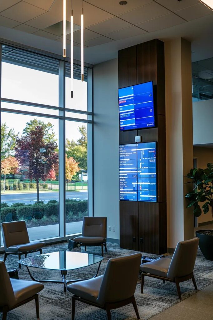 a sleek urban office environment with a large digital display showcasing fluctuating credit scores and insurance rates, symbolizing the direct impact of financial responsibility on premiums in tulsa.
