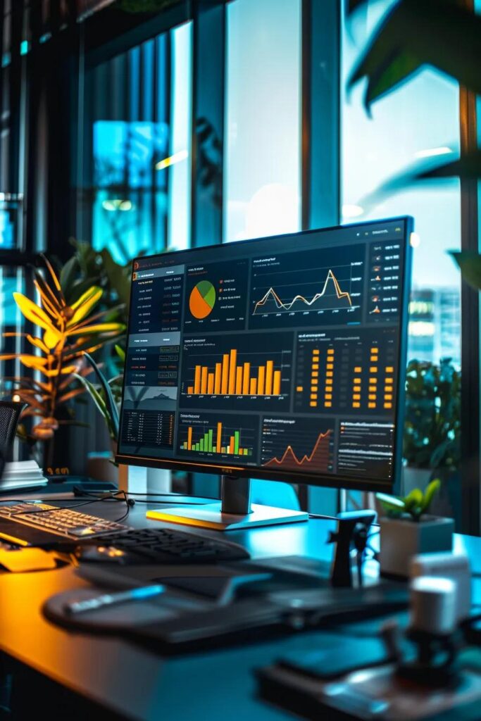 a sleek, modern office setting showcases an insurance analyst reviewing a digital dashboard filled with colorful charts and graphs, highlighting how vehicle make, model, and year influence auto insurance rates in tulsa.