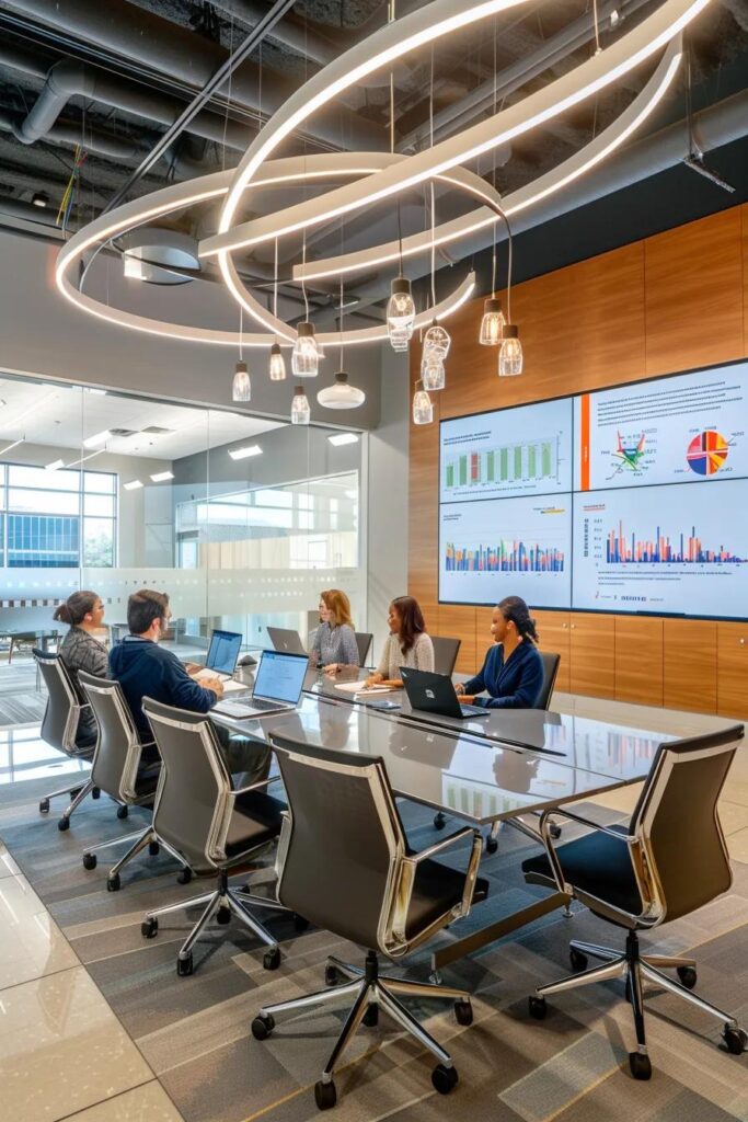 a modern office space features a sleek conference table surrounded by diverse professionals engaged in a vivid discussion, with data-driven graphs and charts projected on a screen, illustrating the complex factors tulsa insurance companies analyze when setting rates.