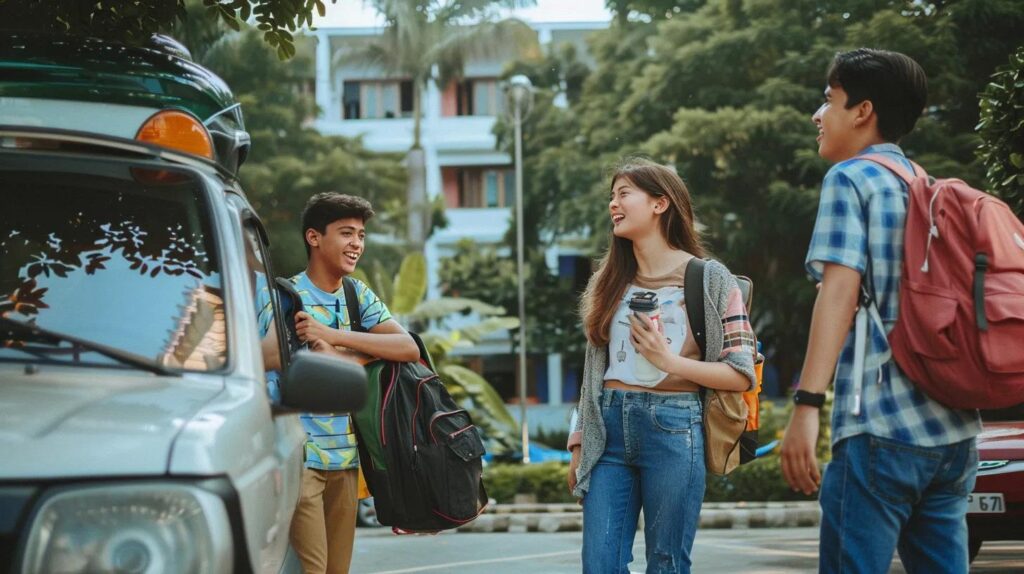 students laughing and have fun in the school, parking with their cars