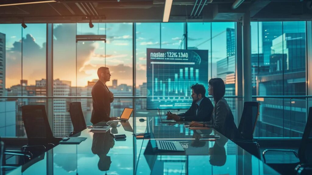 a sleek, modern office with a confident insurance agents discussing about car insurance rates, highlighted by a digital screen displaying driving record statistics against a backdrop of a bustling urban skyline.