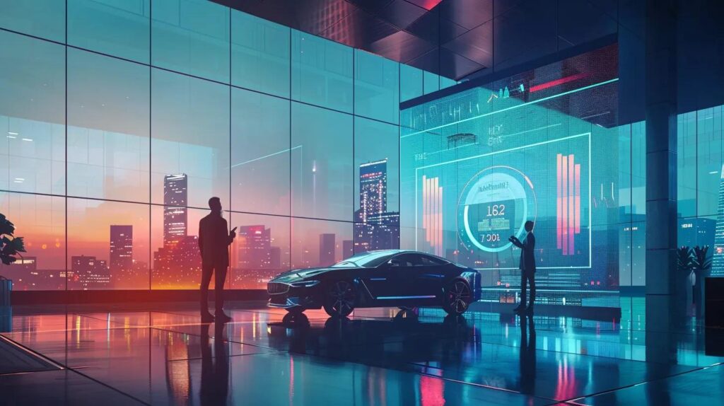 a sleek, modern office with a confident insurance agents discussing about car insurance rates, highlighted by a digital screen displaying driving record statistics against a backdrop of a bustling urban skyline.