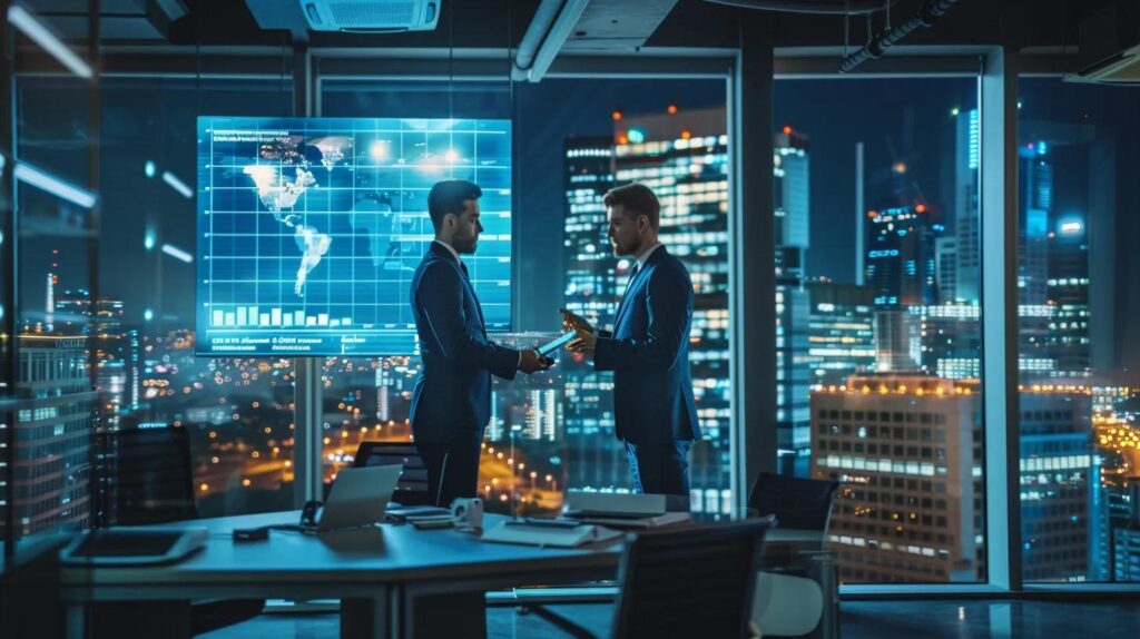 a sleek, modern office with a confident insurance agents discussing about car insurance rates, highlighted by a digital screen displaying driving record statistics against a backdrop of a bustling urban skyline.