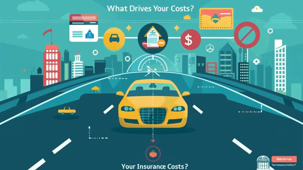 A vibrant, engaging infographic-style image featuring a car on a road with icons or illustrations representing key factors affecting car insurance premiums. These could include a driver’s license (for age/driving record), a car model (for vehicle type), a city skyline (for location), a credit score meter, and a dollar sign (for cost). The background should be clean and modern, with a mix of bold colors like blue, green, and yellow to grab attention. Include a subtle Tulsa skyline or Oklahoma road sign to localize it. Add text overlay like “What Drives Your Insurance Costs?” in a readable font.