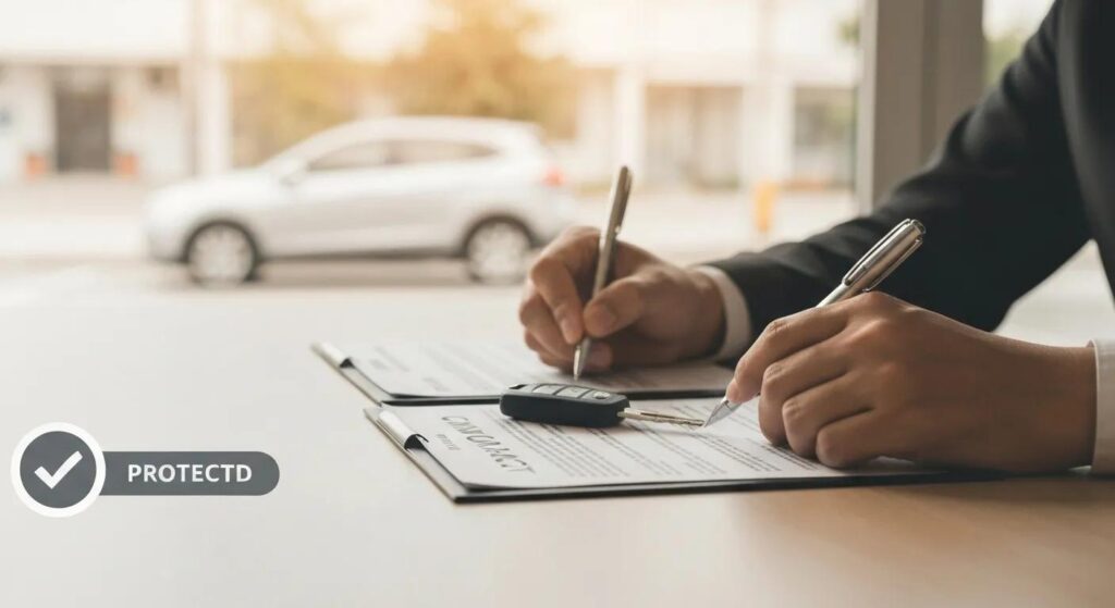 A close-up of a person signing an insurance contract with a car key and a policy document on a desk. The background could be softly blurred to show a parked car outside an office window. Use warm tones (like soft beige or light gray) to create a professional, approachable vibe. Include a subtle checkmark or “protected” icon to emphasize the agreement.