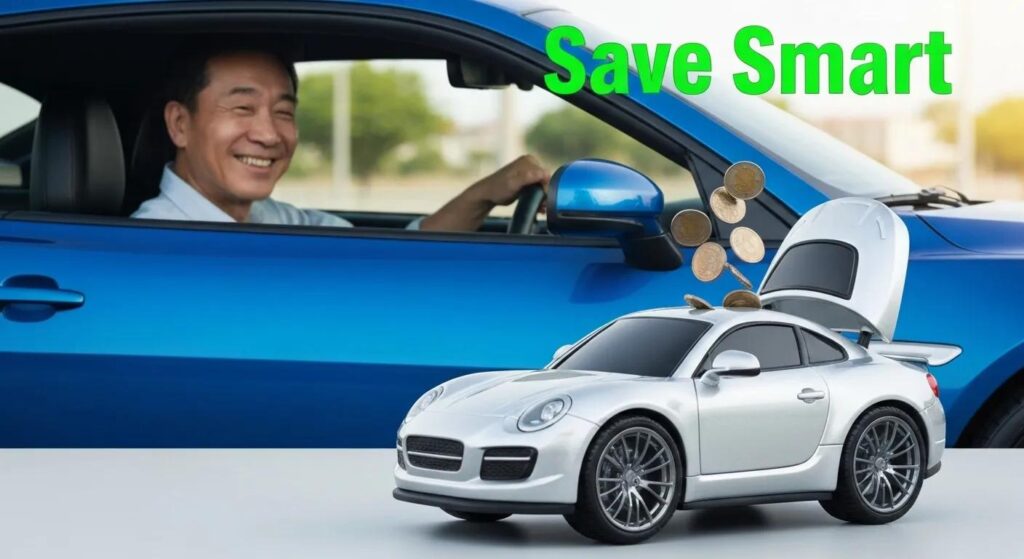 A piggy bank shaped like a car with coins falling into it, set against a background of a smiling driver. Overlay “Save Smart” in green to highlight savings. Use bright, optimistic colors to evoke financial relief.