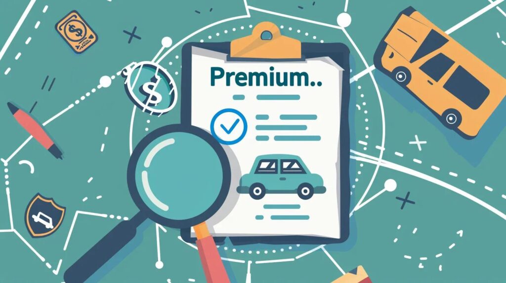 A clean, illustrative image of a car insurance policy document with a magnifying glass zooming in on the word “Premium.” Surrounding the document, include subtle icons like a dollar sign, a car, and a shield (symbolizing protection). Use a bright, friendly color palette (blue and green) with a faint Tulsa road map in the background for local flair.